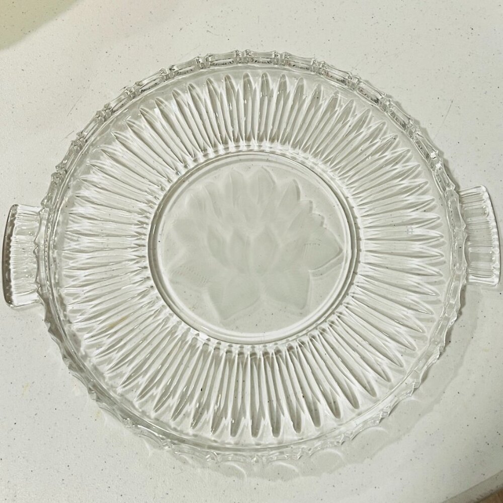 Randalls Lead Crystal Glass Cake Serving Plate Lotus 12” w/Sticker Germany.